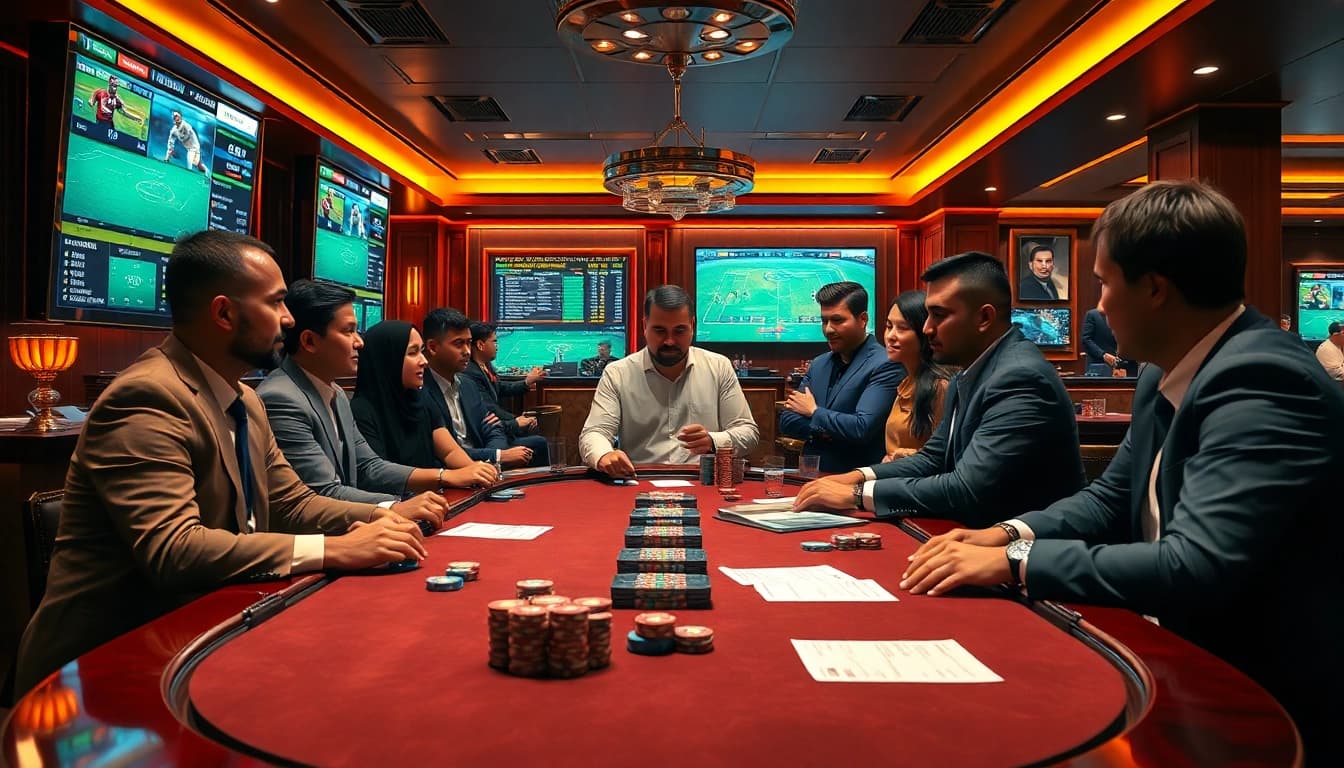A thrilling Agen Judi Bola scene at a luxury betting table showcasing vibrant soccer match odds and enthusiastic gamblers.
