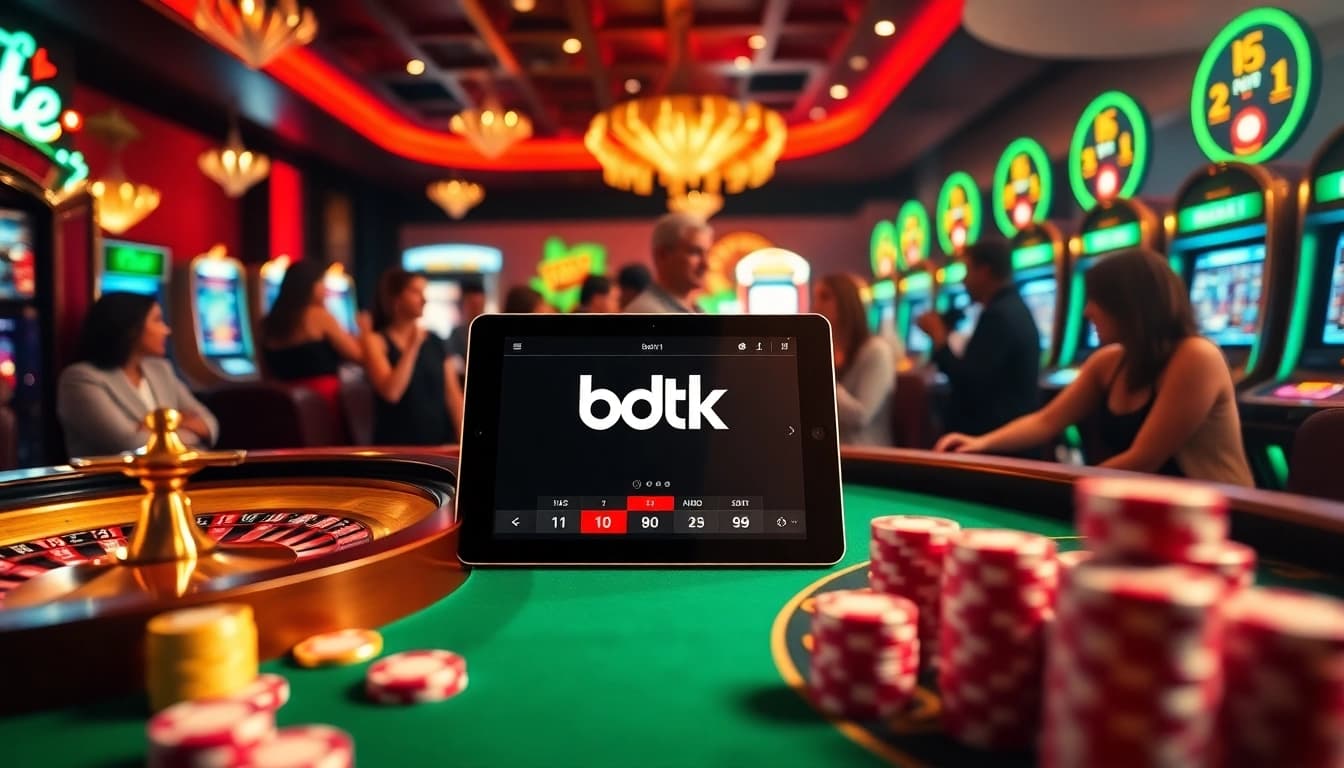 Experience thrilling play with the bdtk1 app in a lavish casino setup featuring roulette and poker.