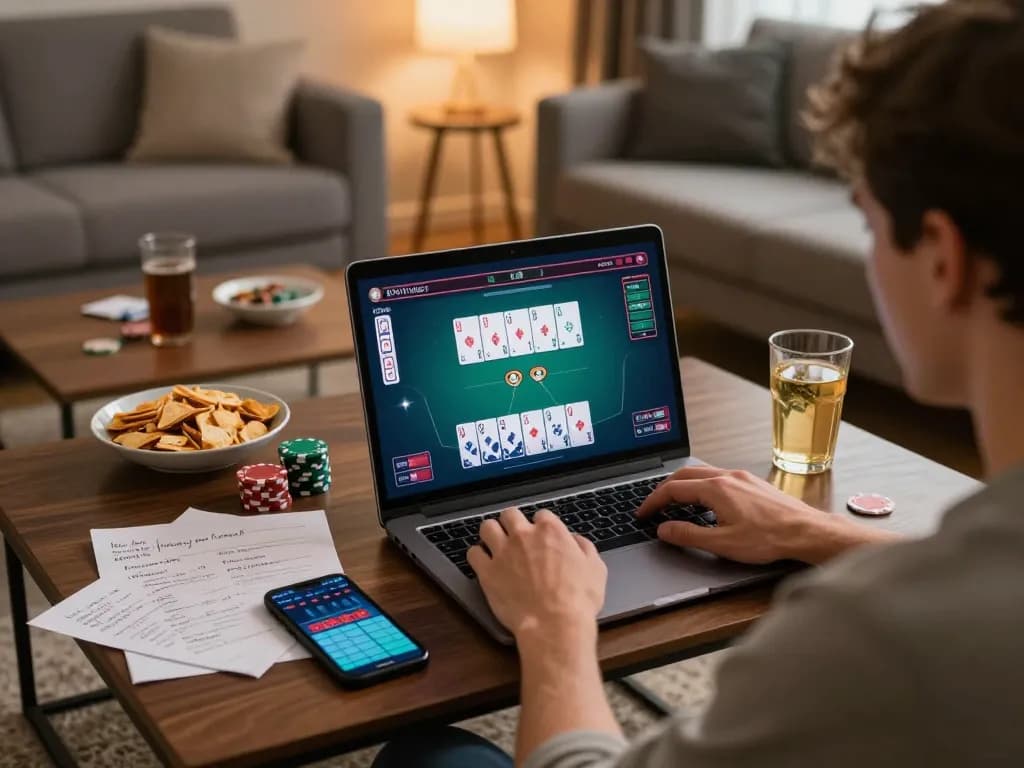 Engaging online poker session at home, showcasing taixiusunwin.art interface with strategic betting.