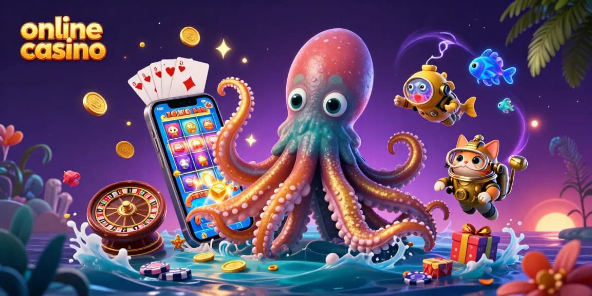 Experience the excitement of an online casino featuring a colorful kraken, diving cat, and deep-sea fish.