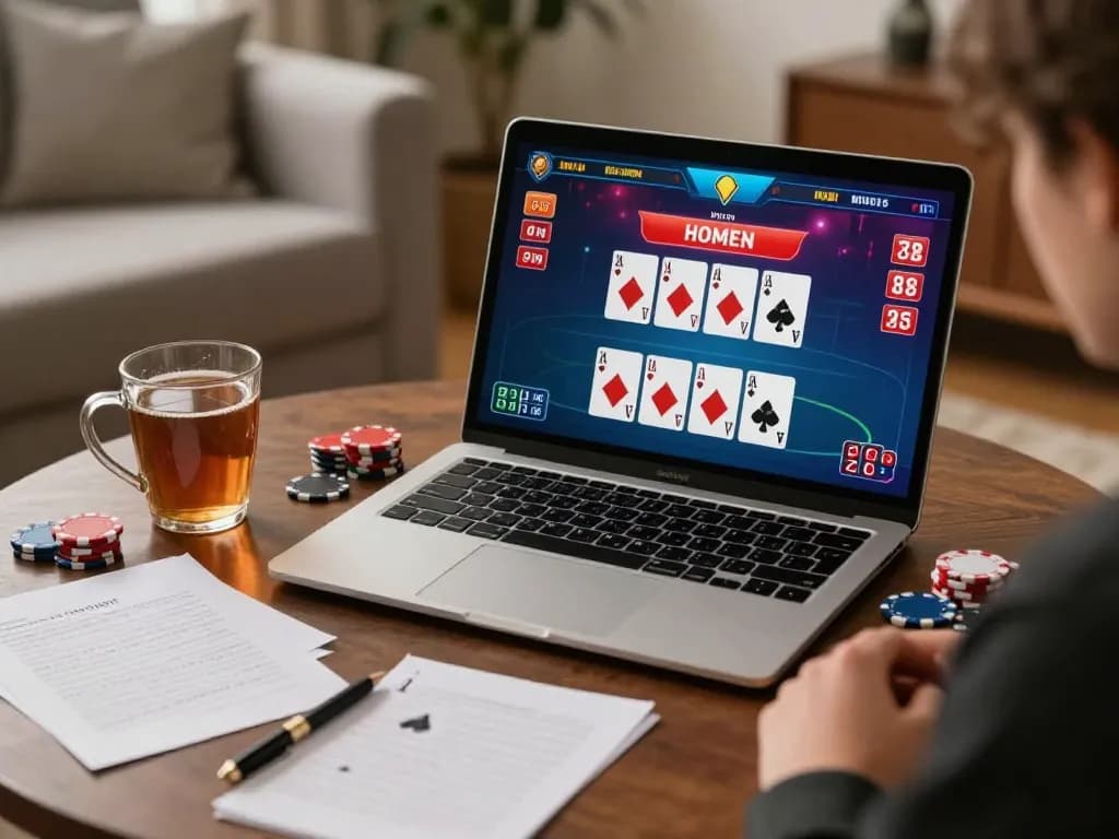 RIKVIP player engaged in a strategic poker game at home, showcasing a warm and inviting atmosphere.