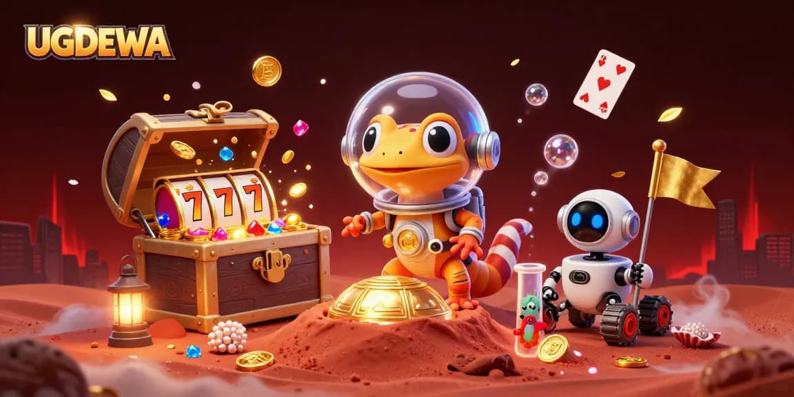 Engage with UGDEWA's thrilling slots experience featuring a Martian gecko discovering a golden casino.