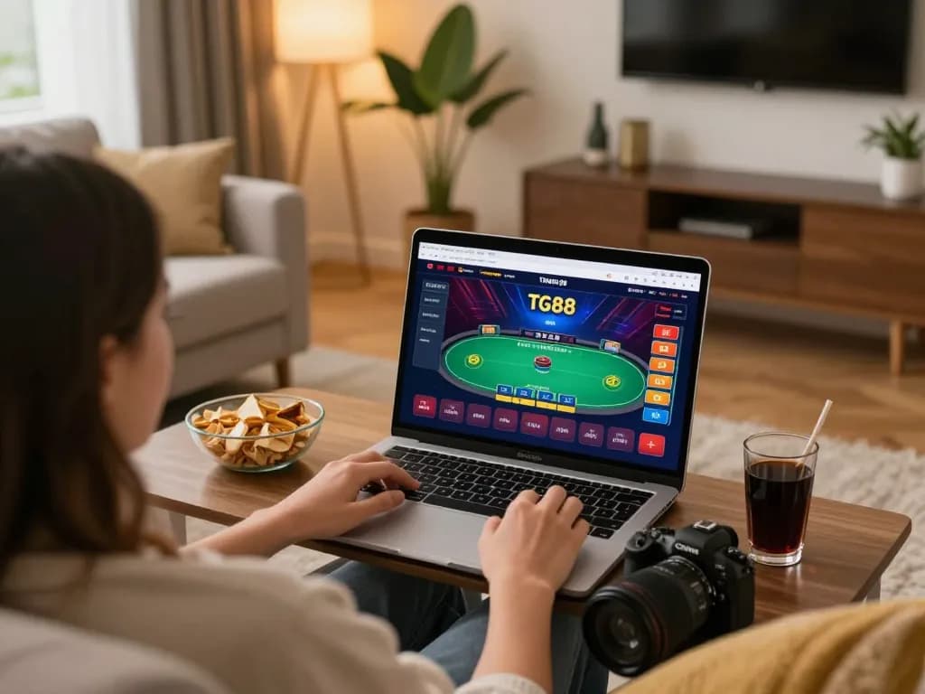 TG88 gaming experience at home, showing a user engaged with online casino on a laptop.