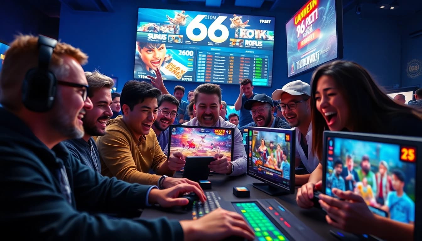 Engaging gaming scene at 66club with diverse players and vibrant digital interfaces.