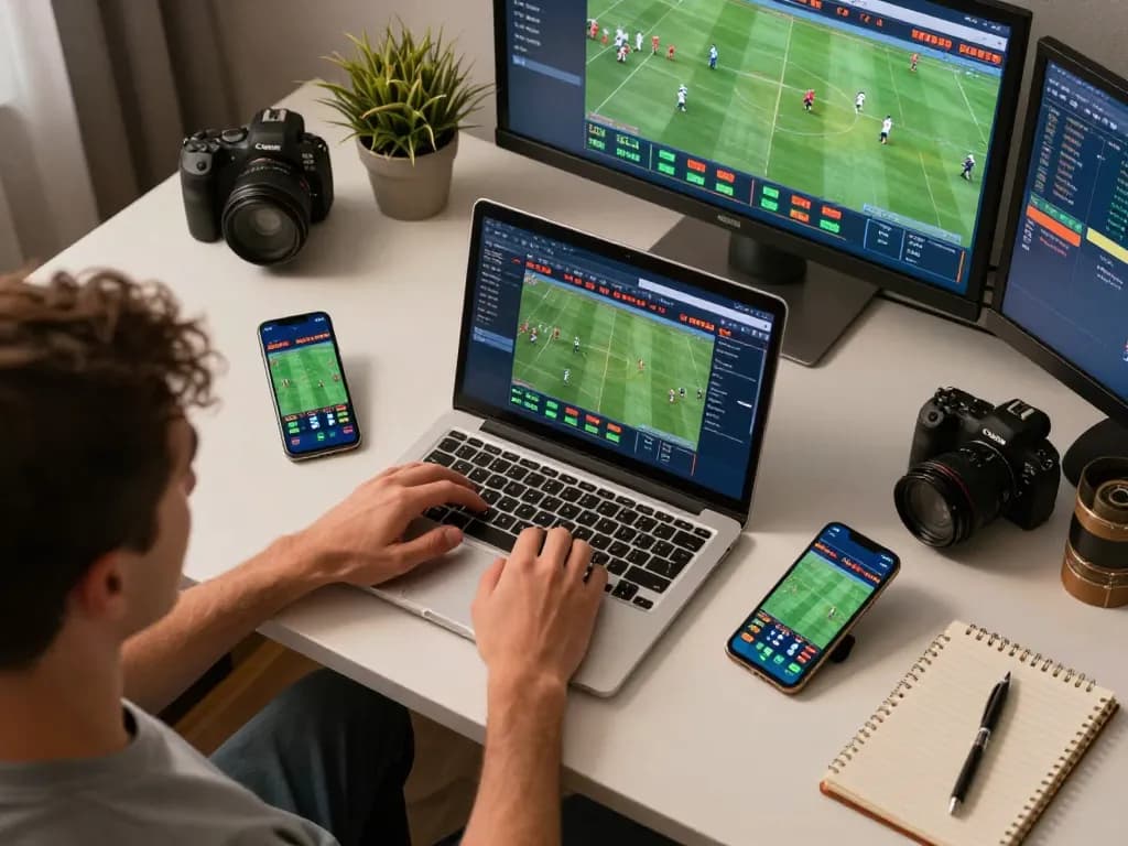 Engaging in live online betting, exploring tỷ lệ kèo nhà cái through multiple screens.