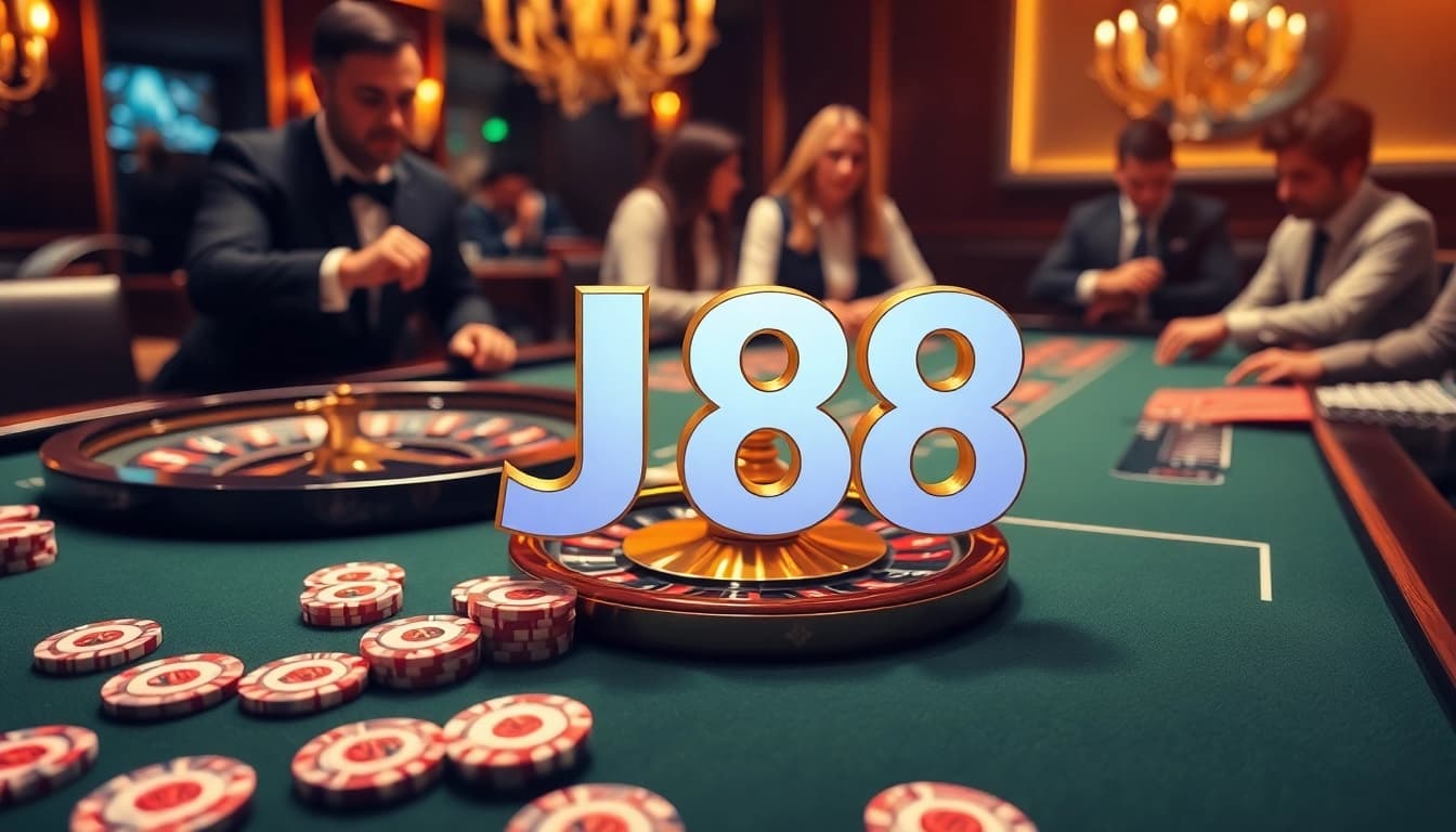 Experience thrilling gameplay at J88 with an elegant casino scene featuring poker chips and a roulette wheel.