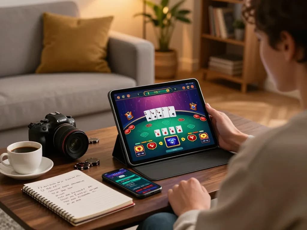 Person engaging in online poker gameplay on tablet while relaxed at home, showcasing one88br interactive gaming.
