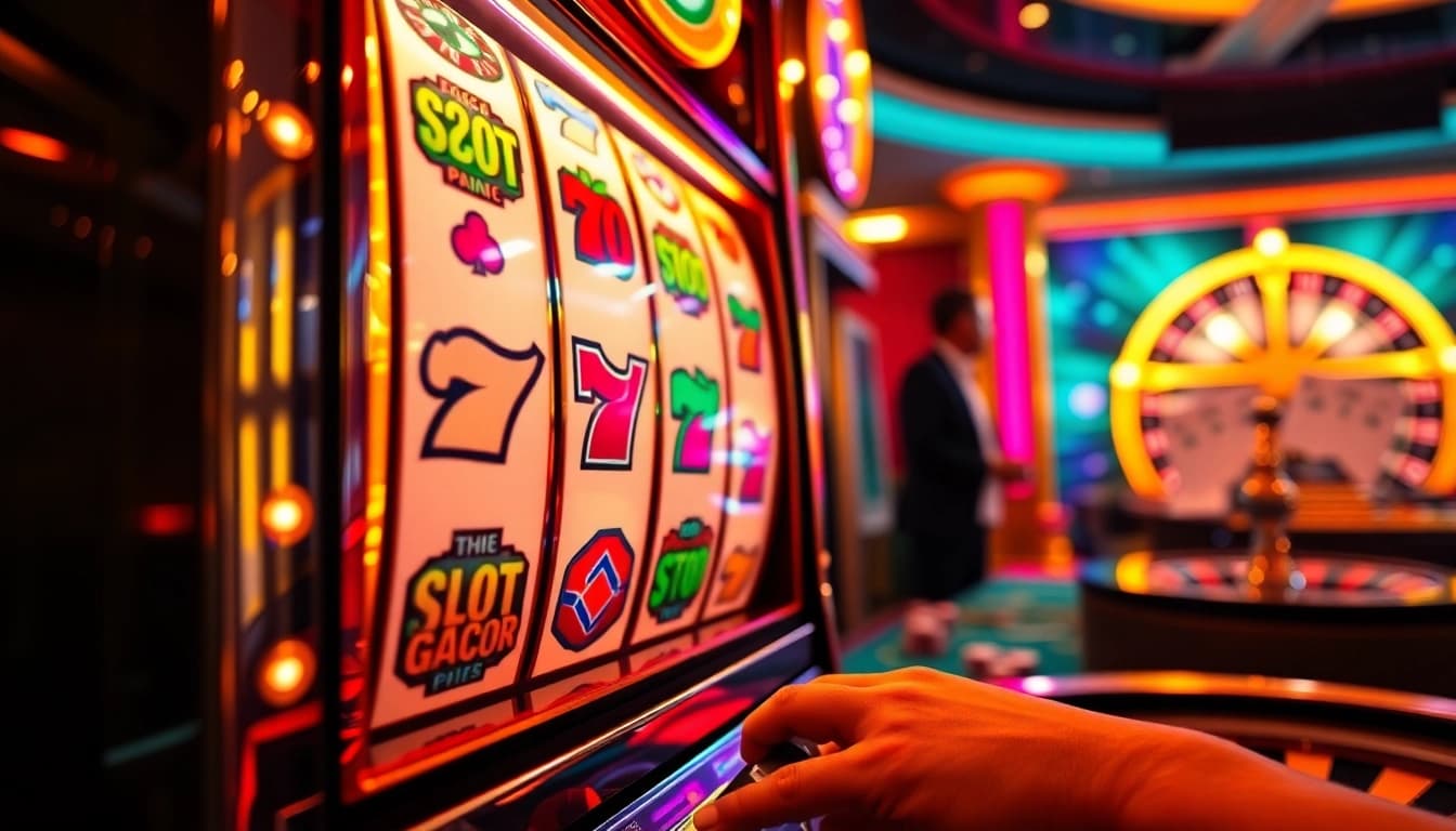 Pemain yang menikmati pengalaman "slot gacor" yang mendebarkan di kasino yang meriah, dikelilingi oleh chip dan kegembiraan.