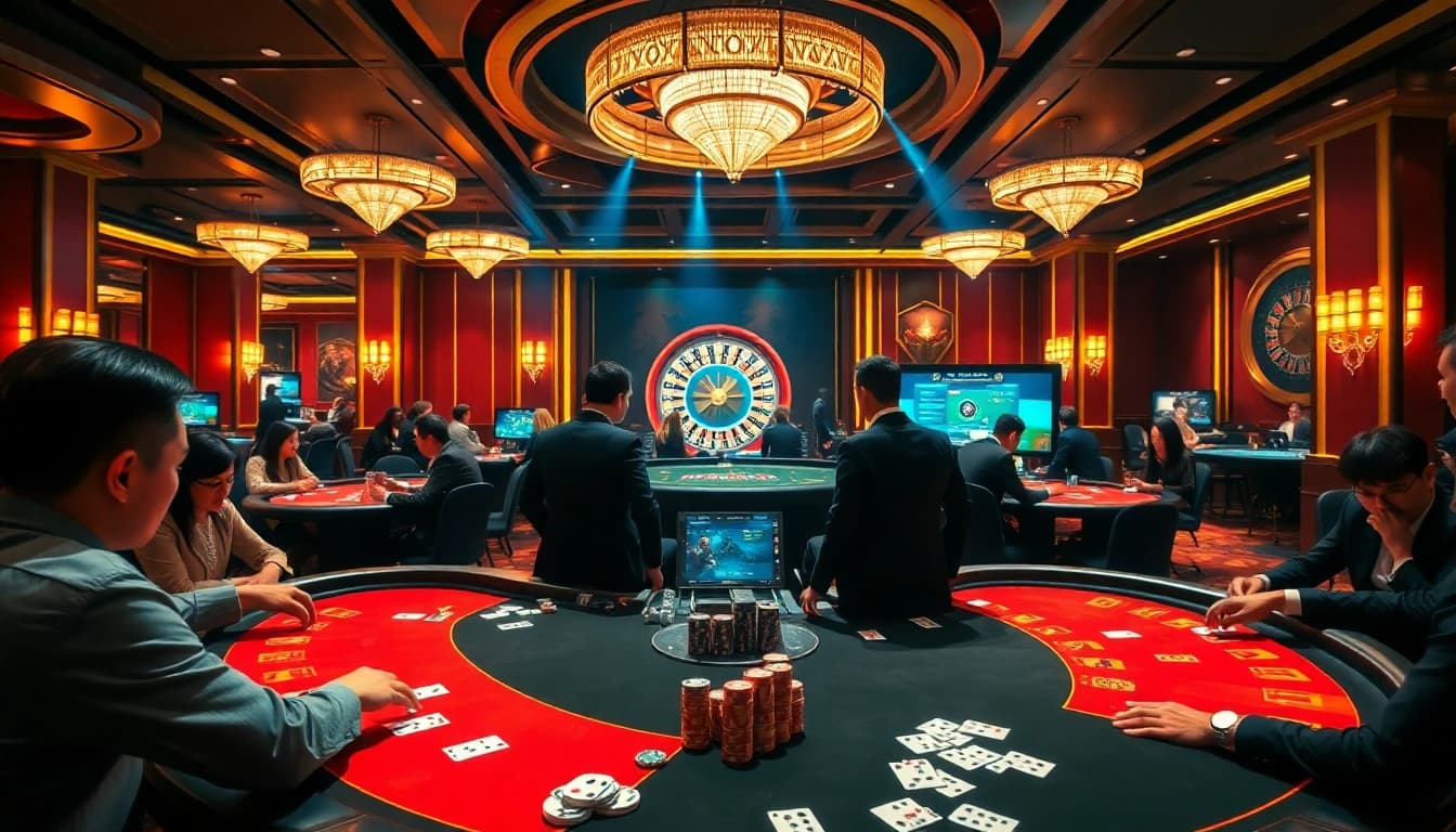 LC88 casino table scene showcasing players engaged in blackjack and poker with vibrant lights.
