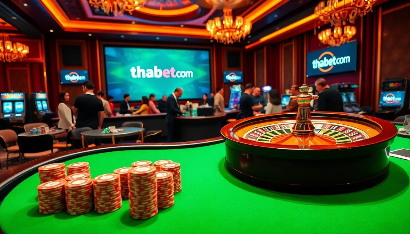 This vibrant casino scene with thabet com's logo showcases players engaging in high-stakes gambling with poker chips and roulette.