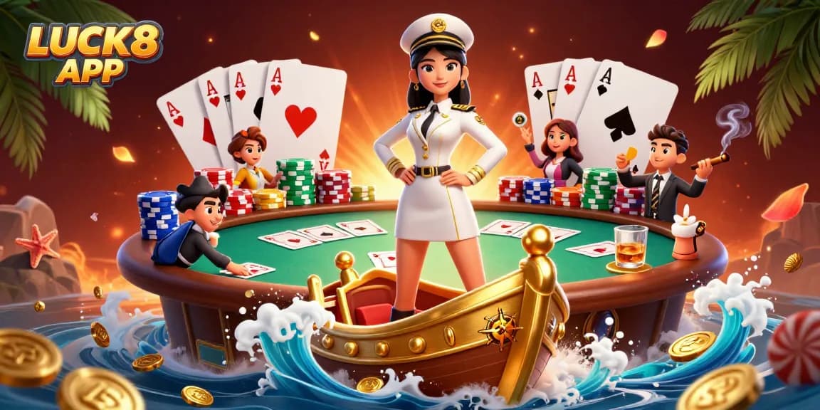 Engage with the LUCK8 APP in a vibrant online casino scene featuring poker elements and gold.