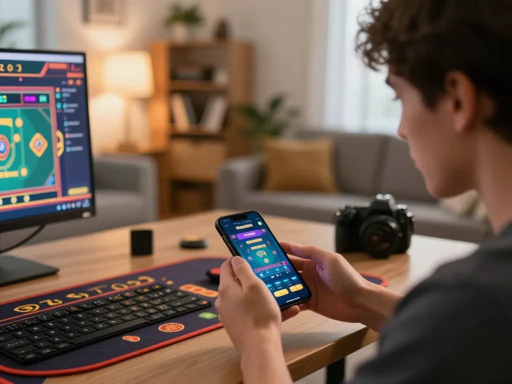 Player enjoying Mega888 on smartphone in a cozy living room, highlighting mobile gaming