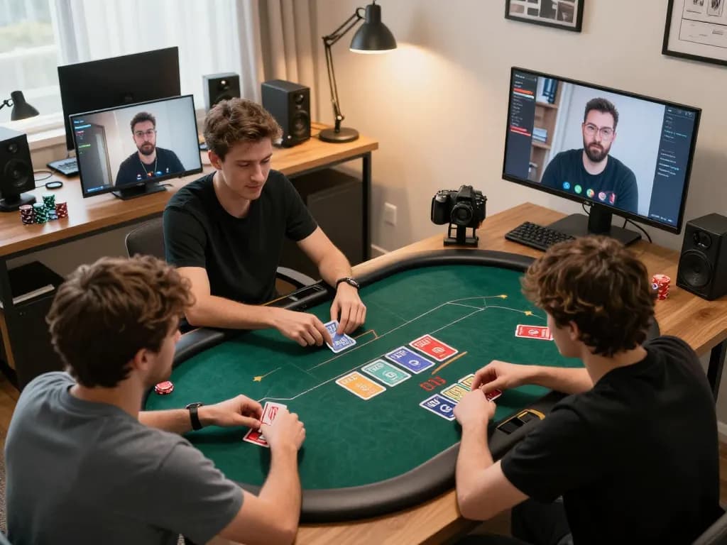 Players enjoying a strategic poker game at UFO777 from home, showcasing a vibrant online gaming setup.