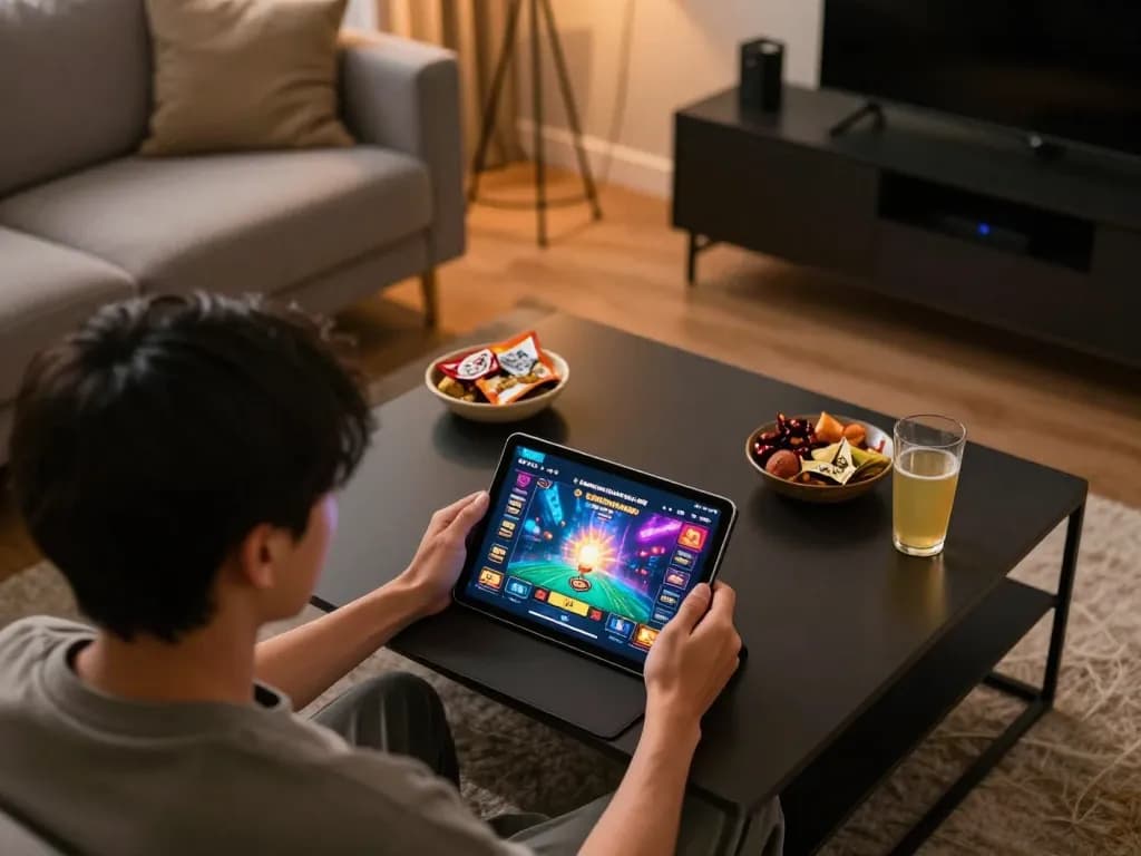 Play sunwin online casino on a tablet in a cozy living room, showcasing vibrant gaming experience.