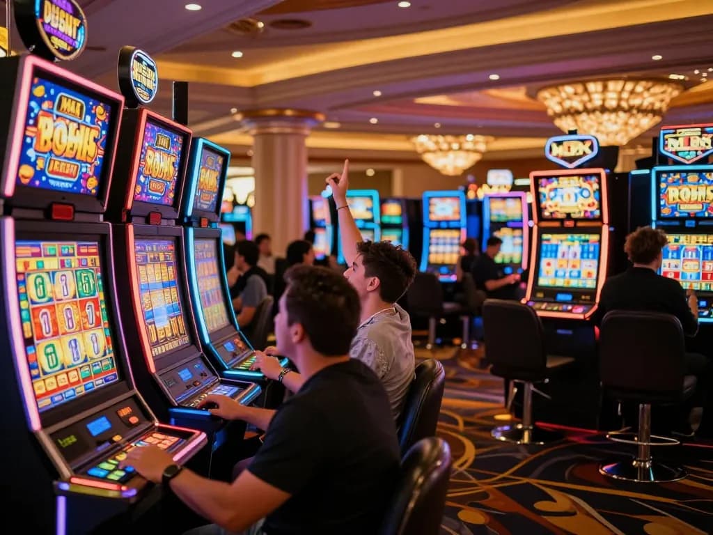 Players celebrating a major rwin on the slot machines, showcasing the vibrant casino atmosphere