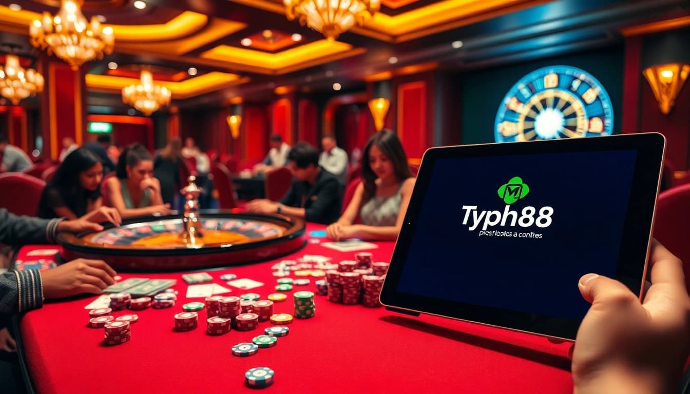 Engaging gamblers with an exciting Typhu88 casino scene filled with vibrant poker action.