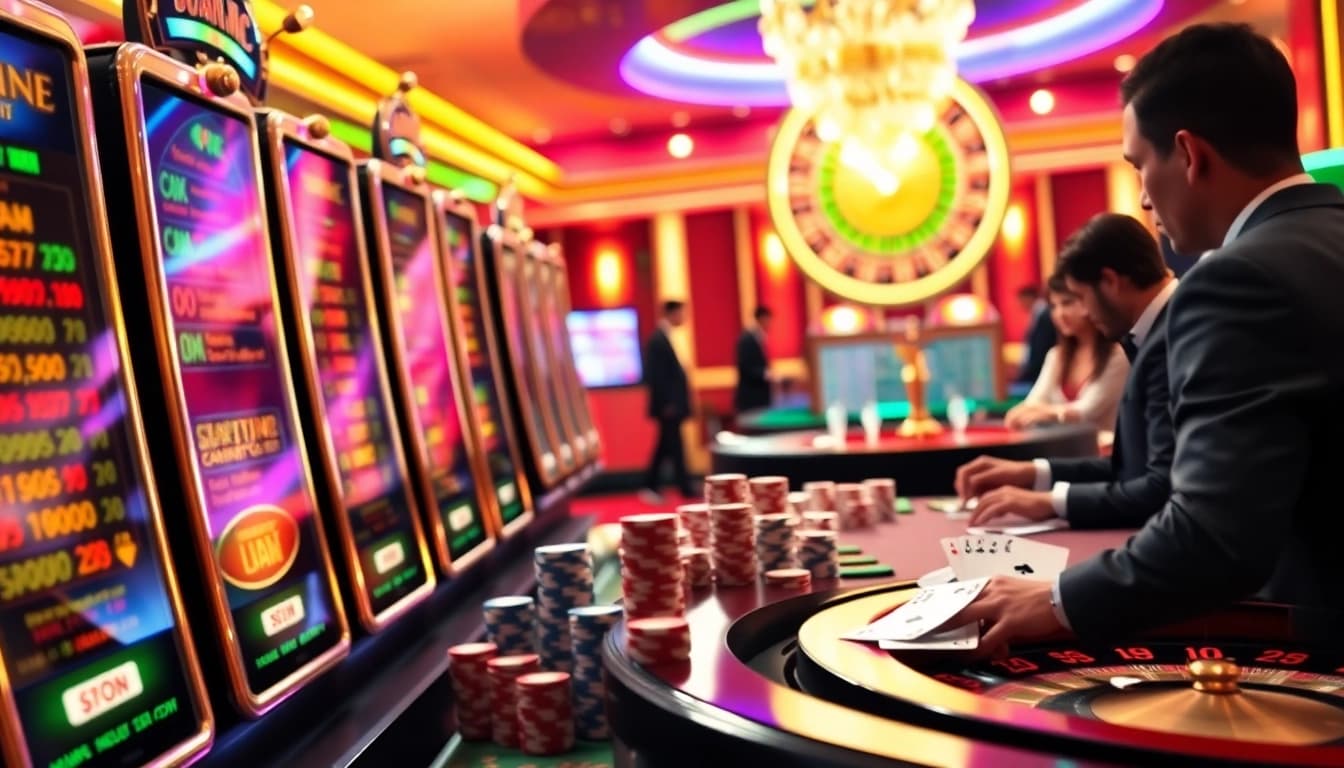 Experience thrilling gameplay with leci123 at vibrant casino tables filled with slot machines and poker chips.