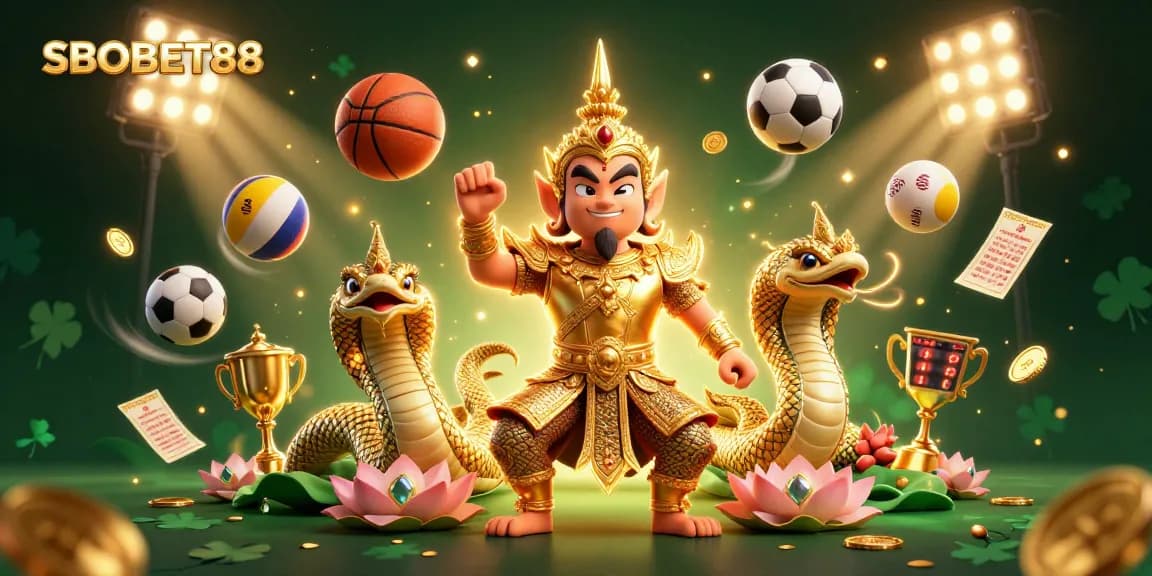 SBOBET88 betting excitement with vibrant sports elements and colorful characters in a 3D illustration