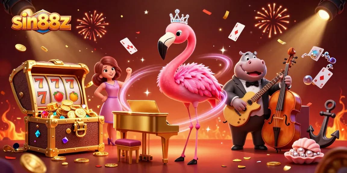 sin88z sparks excitement with a vibrant 3D casino scene featuring a flamingo singer and treasure.