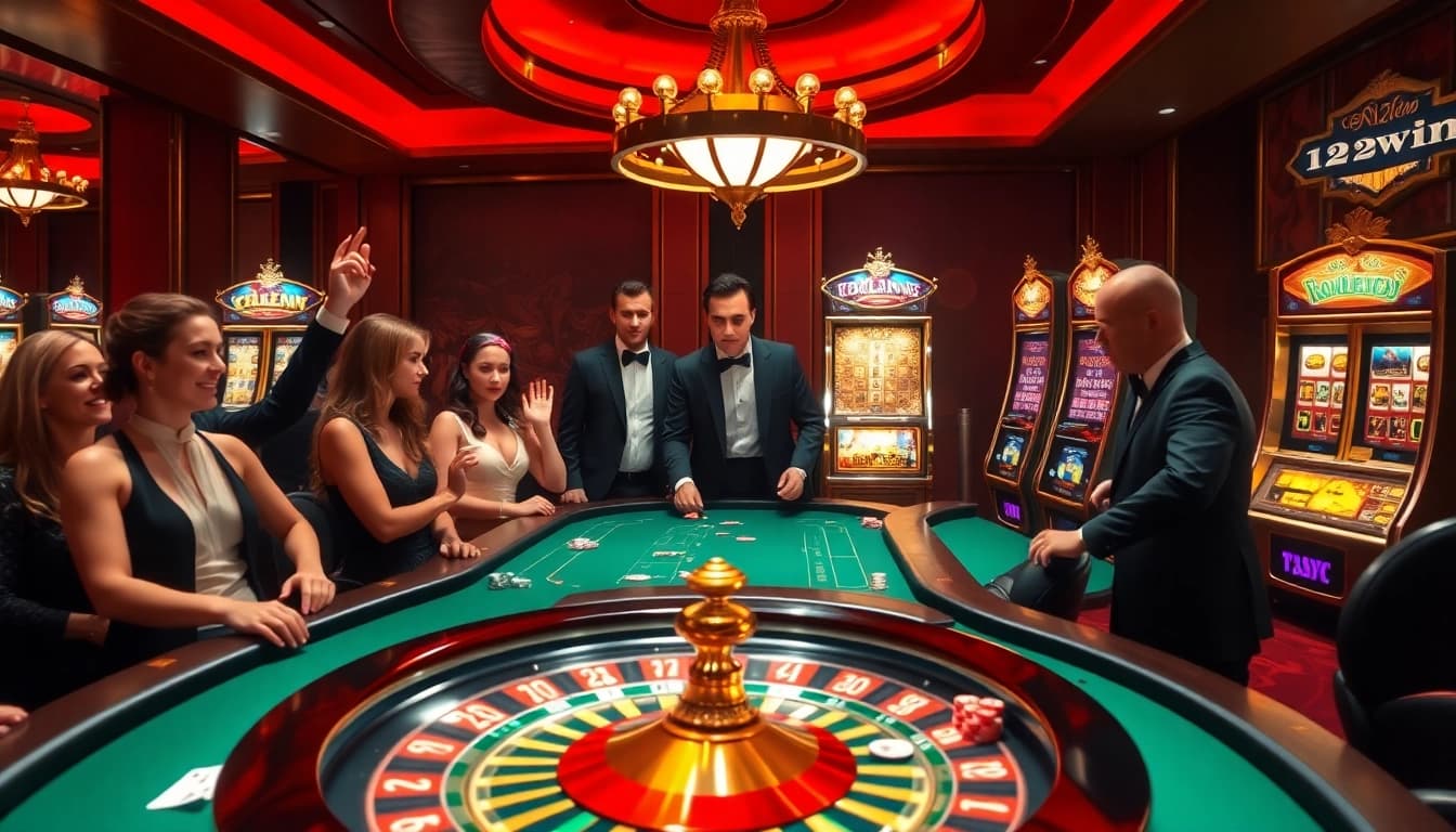 Engage in thrilling gameplay at 123win, featuring a vibrant casino atmosphere with poker tables and roulette wheels.