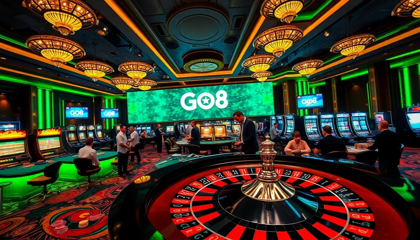 The GO8 casino scene showcases an opulent gambling floor with active players and roulette excitement.