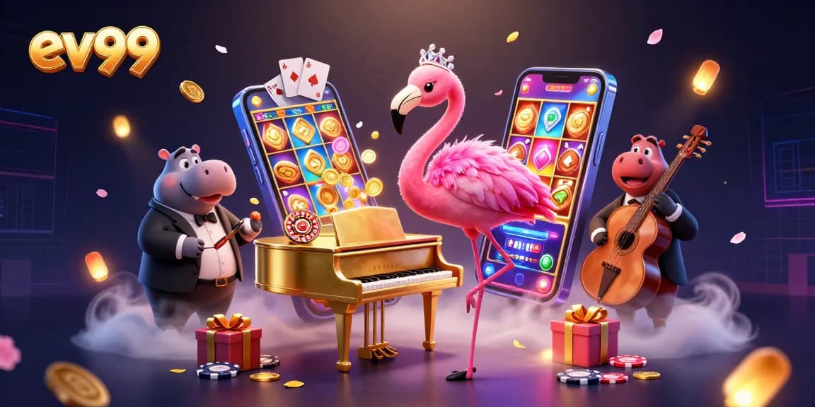 ev99 showcases a lively casino scene with vibrant slot games and entertaining characters.