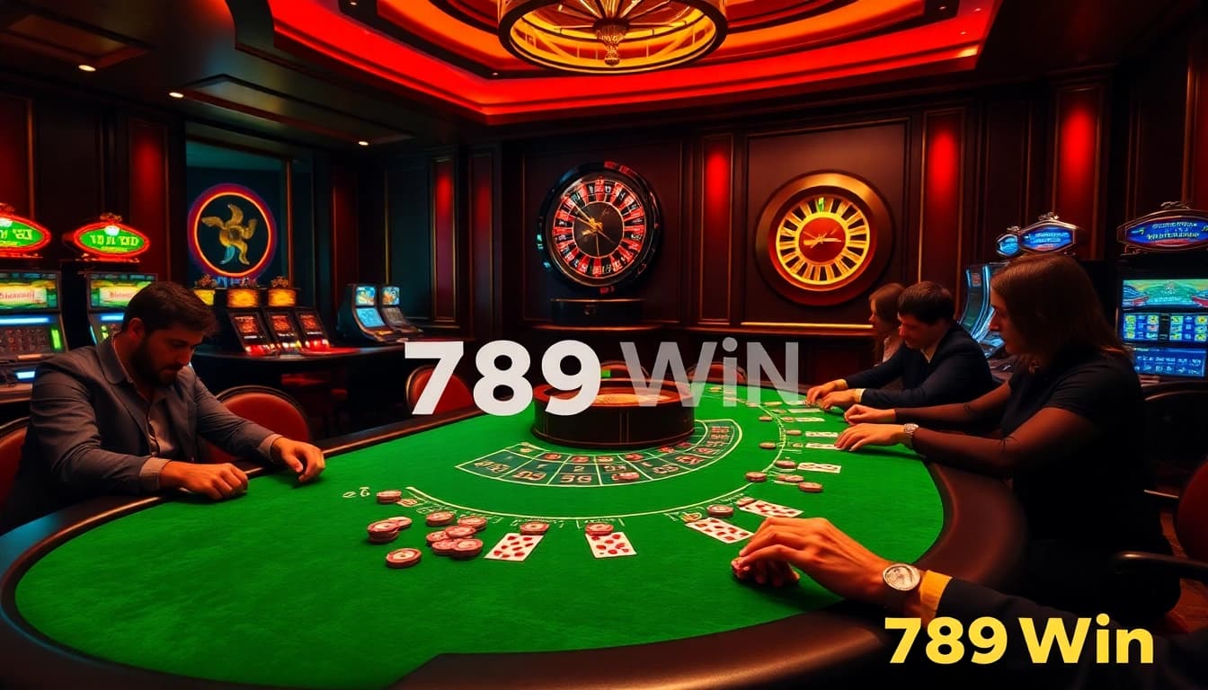Experience the thrill of 789 Win with vibrant casino elements like poker chips and a roulette wheel.