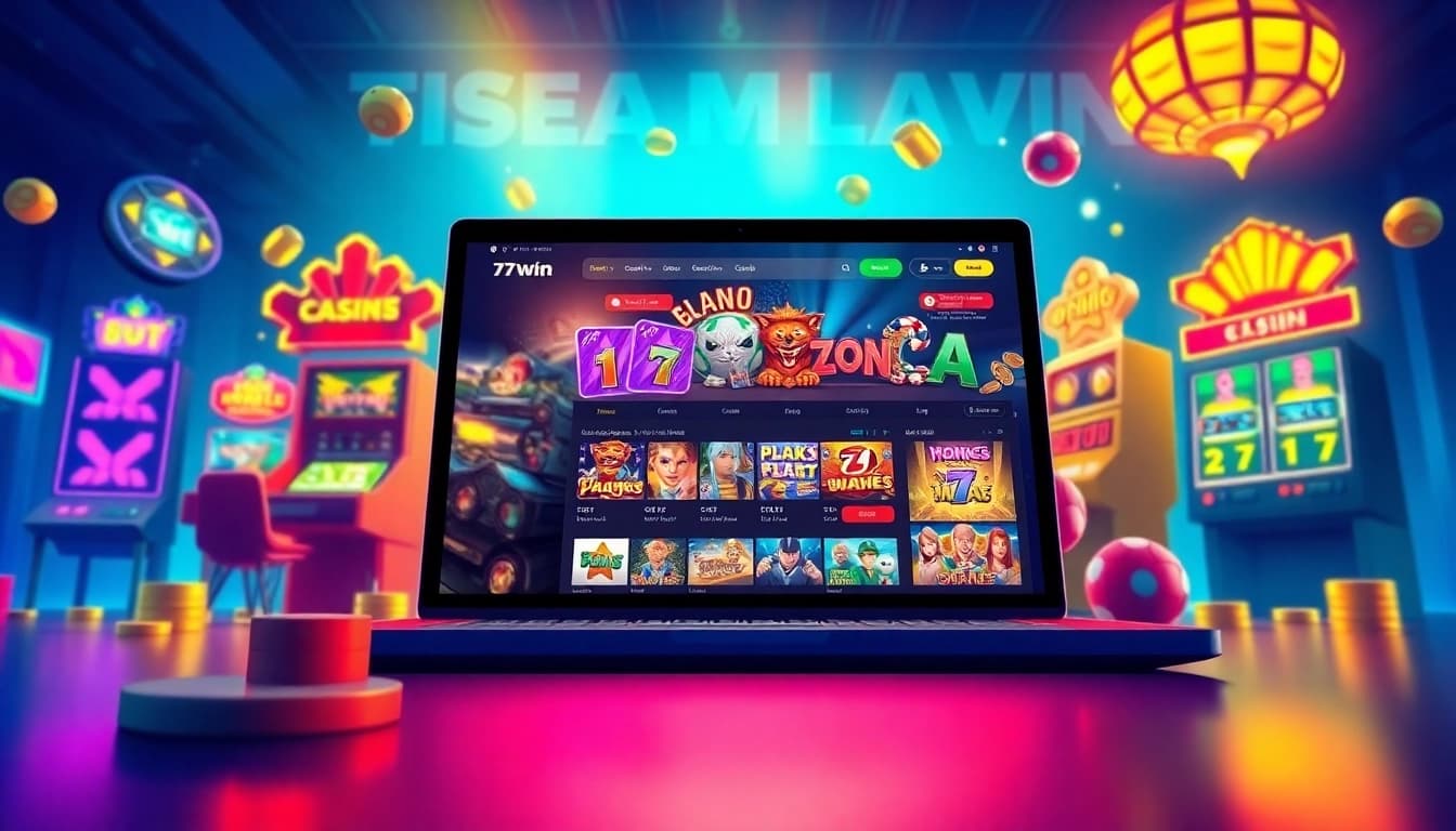 Dynamic online gaming scene showcasing 77win's casino interface, vibrant colors, and engaging elements.