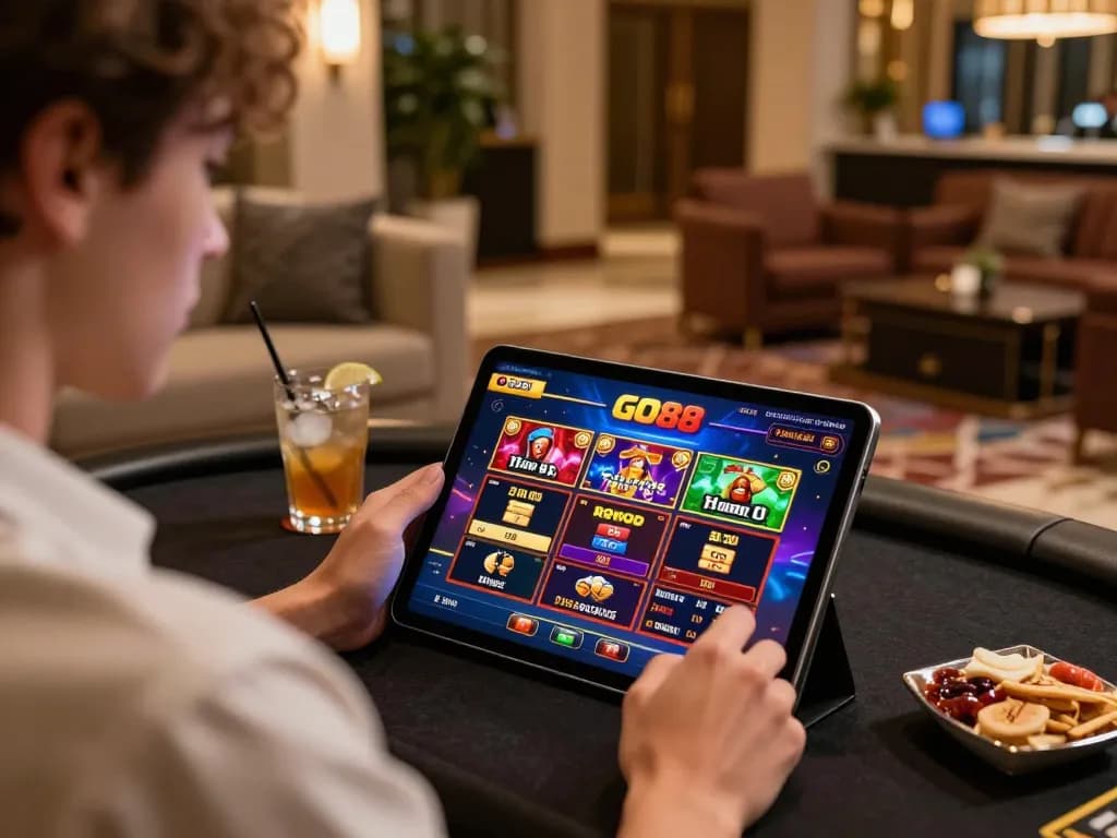 Engaging with GO88 casino app for online gaming on tablet in a stylish lounge.
