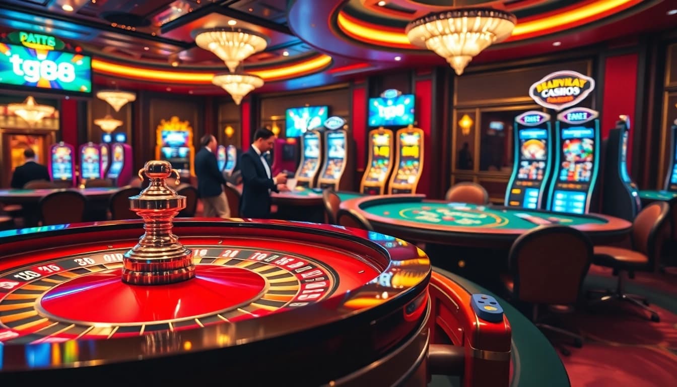 Engaging scene of tg88 casino action with roulette wheel and poker players, highlighting high-stakes excitement.