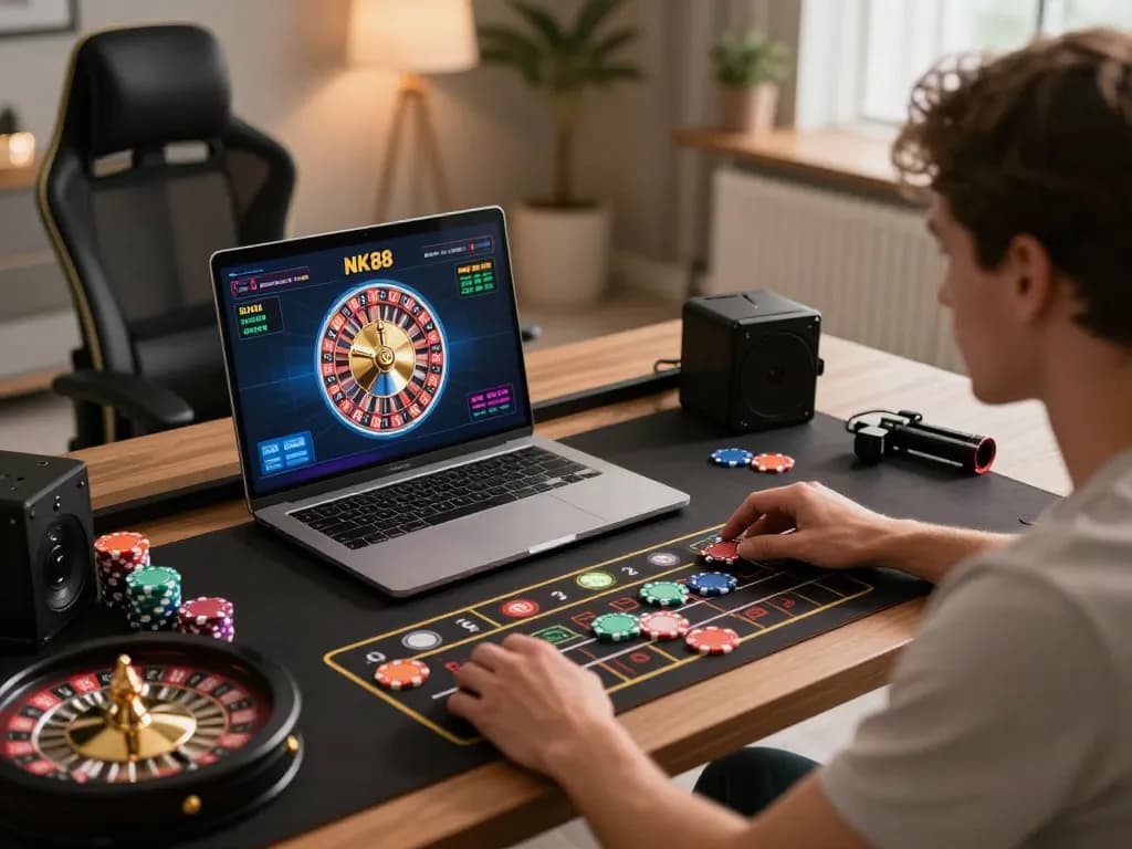 Playing NK88 roulette in a stylish home setup with vibrant graphics on screen.