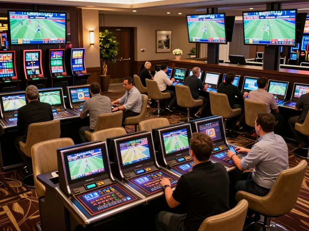 Engaging moment at nhà cái 8xbet sports betting area with players reviewing odds on mobile devices and screens.