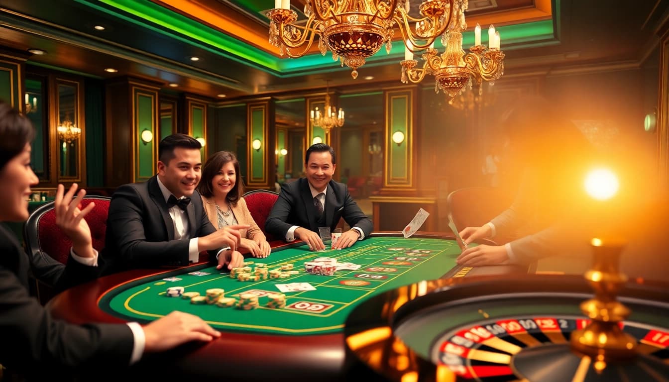 C168 players enjoying a thrilling casino game with vibrant chips and cards.