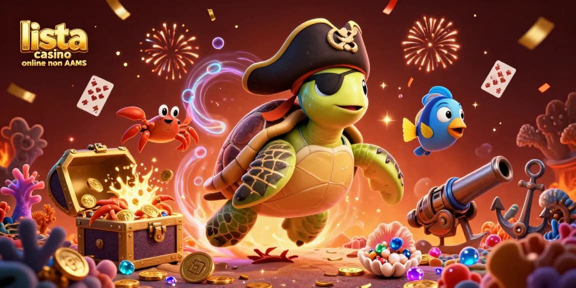 Interagisci con lista casino online non AAMS in questa vivace scena da cartone animato con una tartaruga pirata e un granchio eremita.