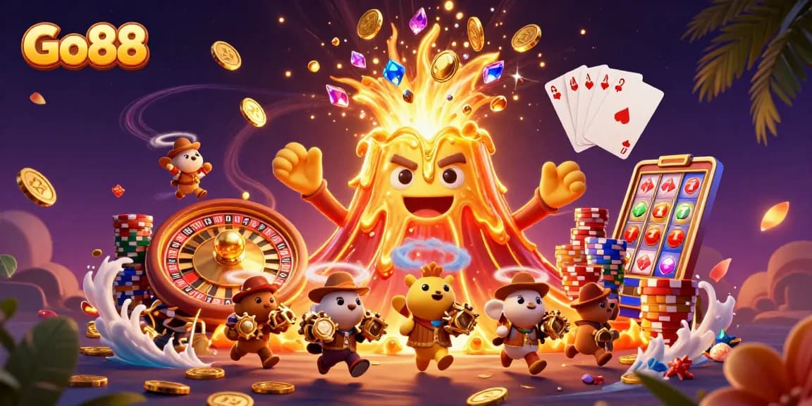 Experience Go88's vibrant casino world with a golden volcano and treasure-filled adventure.