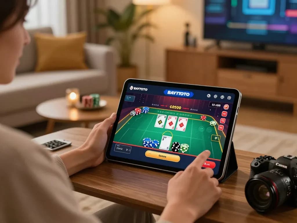 Pengguna BAYITOTO terlibat dalam permainan dealer langsung di tablet dalam pengaturan rumah yang nyaman, menyoroti permainan yang bertanggung jawab.