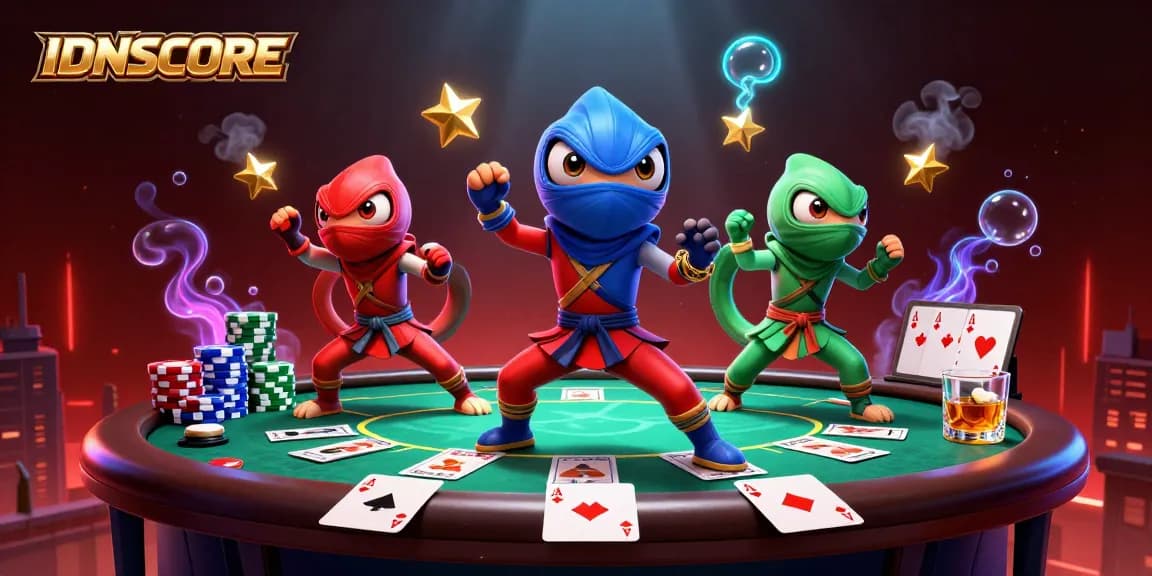 Experience competitive gaming with IDNSCORE in this vibrant poker scene featuring dynamic chameleon ninjas.