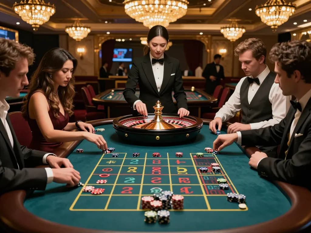 Engaging players at the roulette table in a luxury casino showcasing 888NEW COM experience.