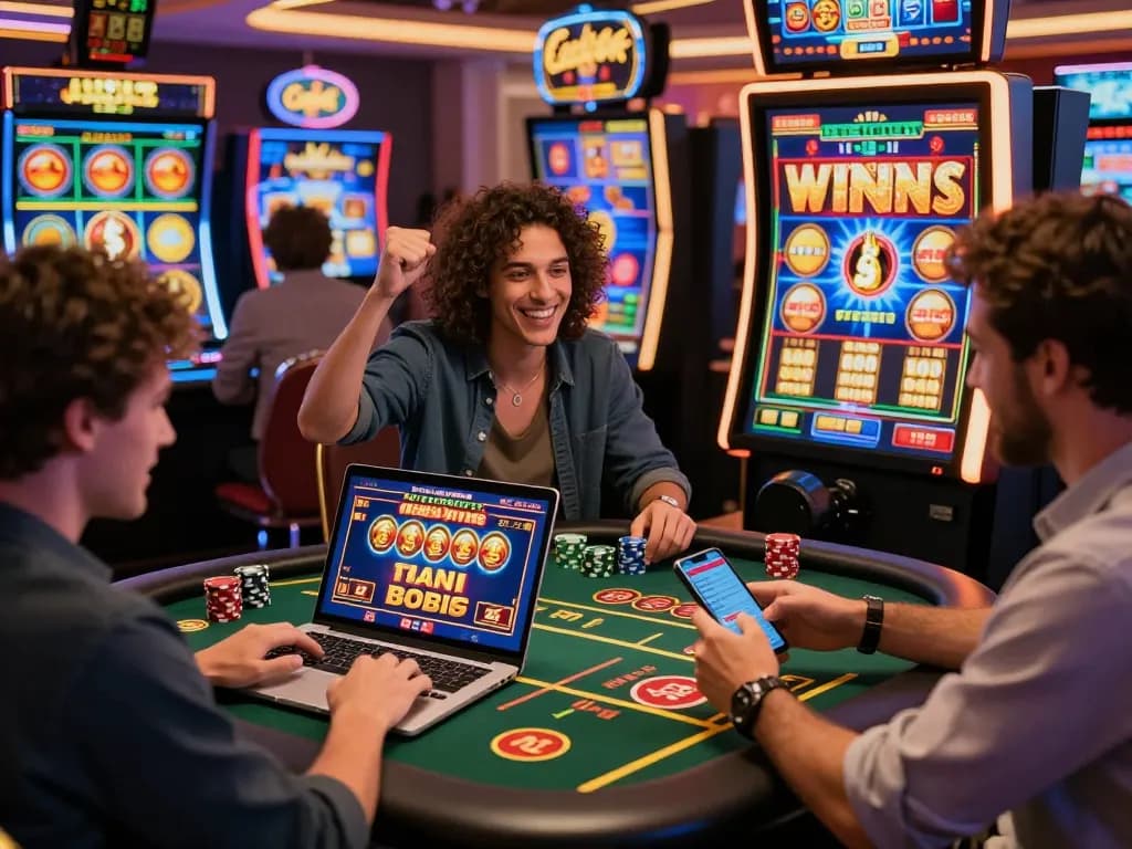 Online Casino No Deposit scene showcasing players celebrating wins while using no deposit bonuses on their devices.