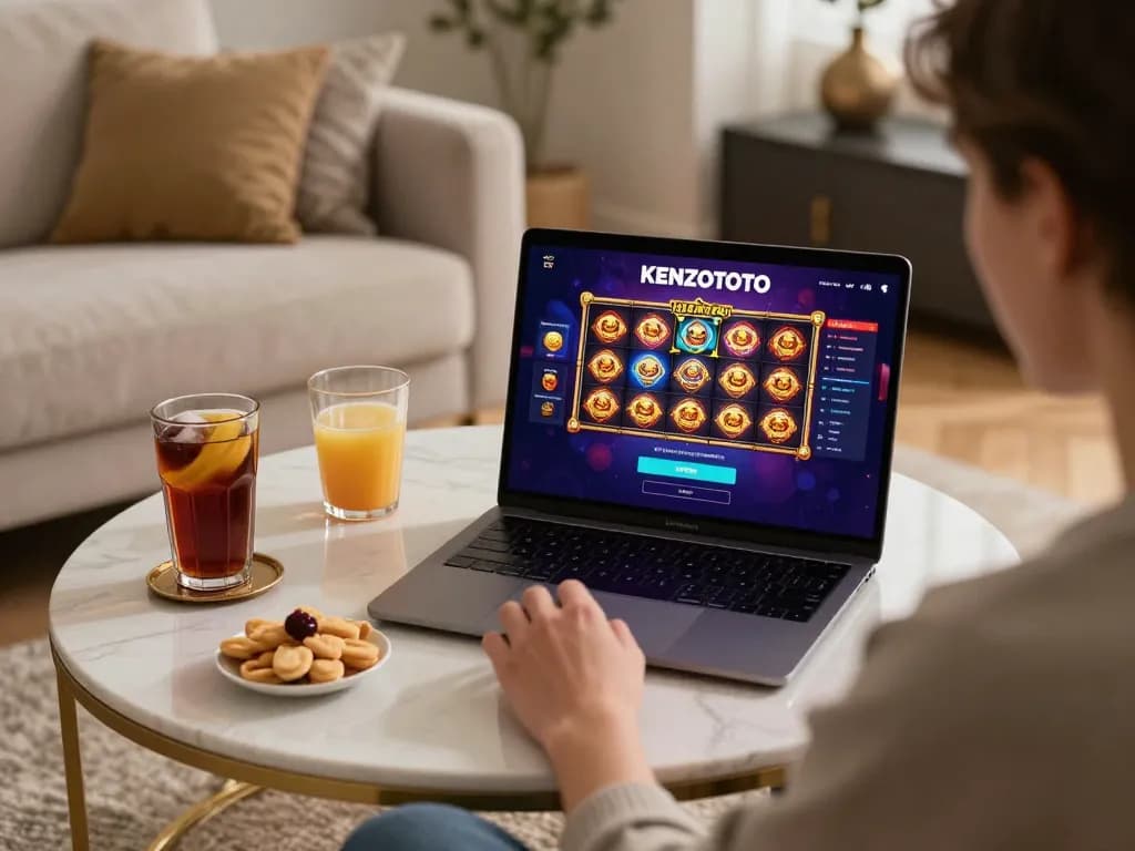 Berinteraksi dengan login KENZOTOTO di pengaturan laptop rumah yang stylish menampilkan pengalaman perjudian online