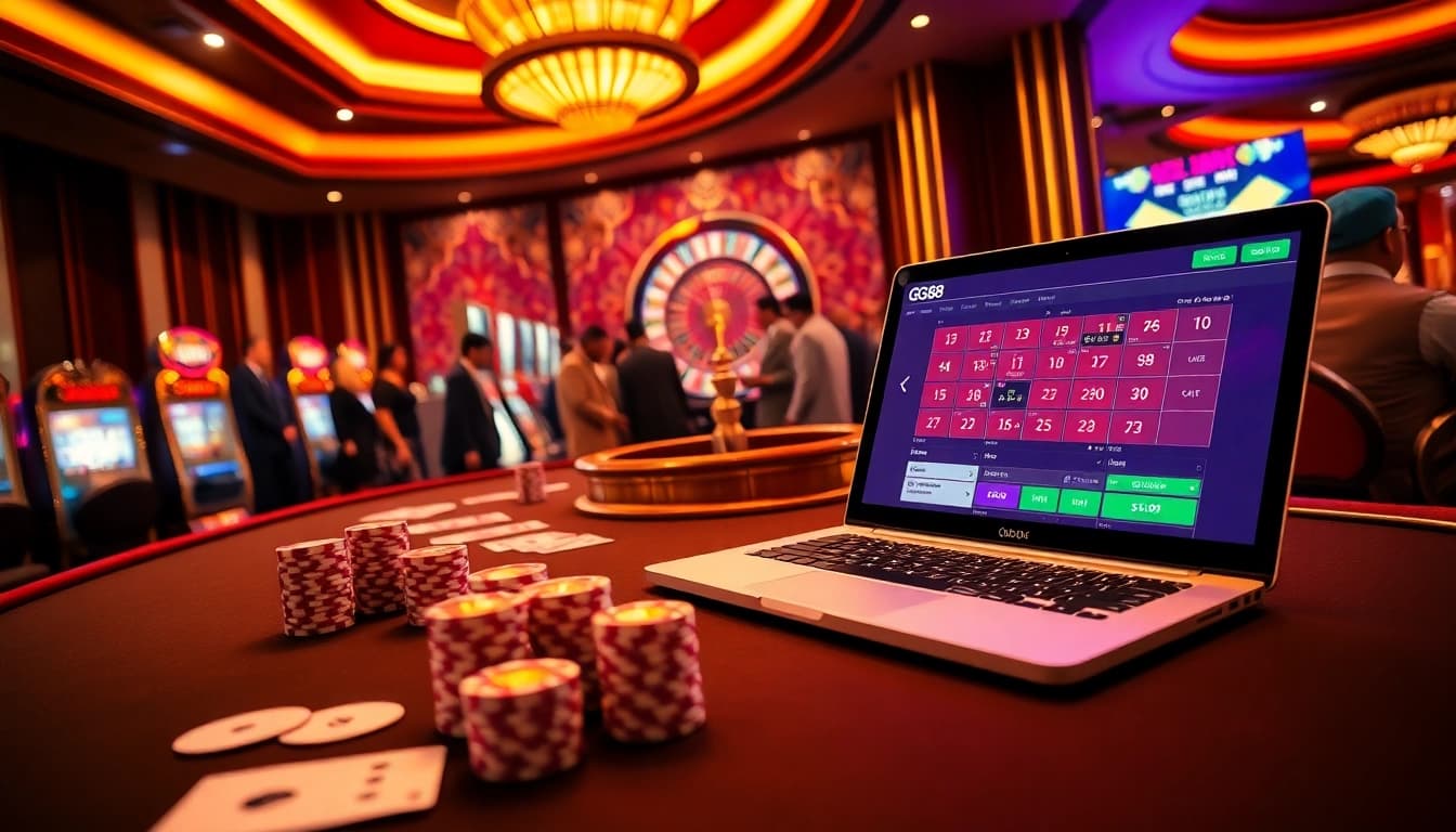 Engaging scene of nhà cái gg88 online gambling with poker chips, slot machines, and betting tables.