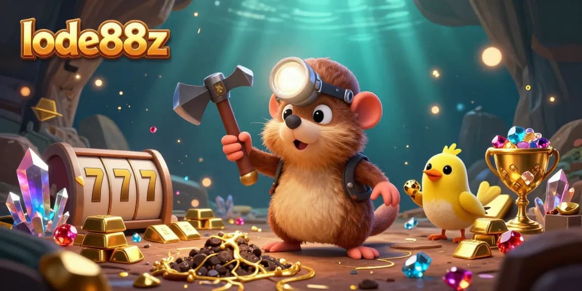 Play lode88z slots with vibrant treasures, featuring a mole and a canary in a golden cave.