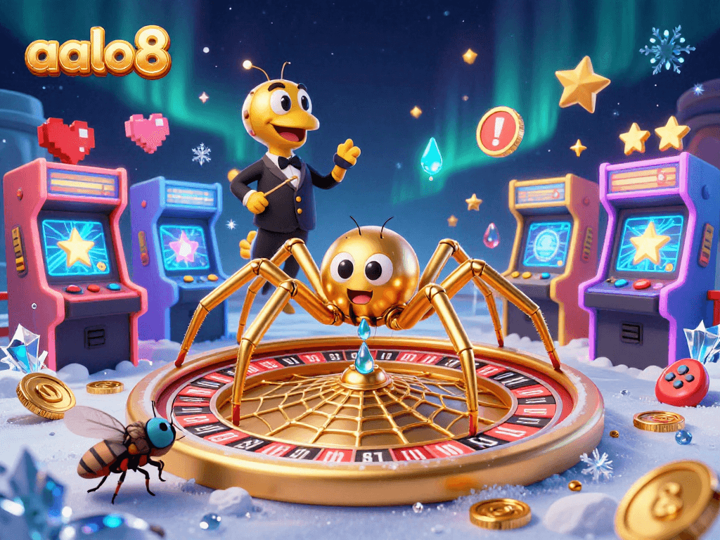 A dynamic illustration of aalo8 with a golden spider and centipede croupier in a casino scene, capturing thrilling bets.