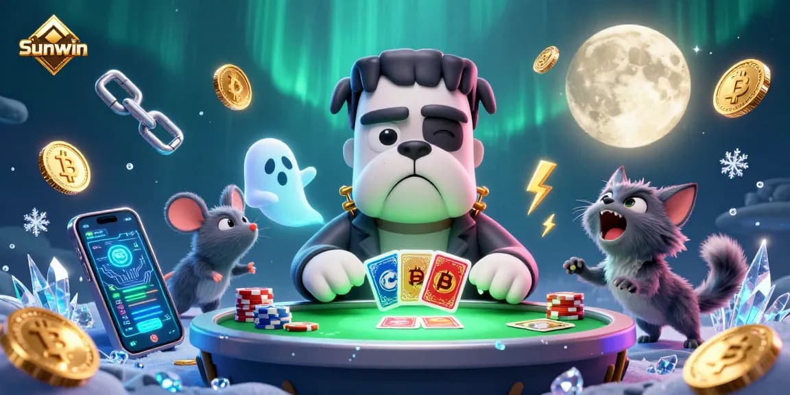 Sunwin players engaging in card games with lively 3D cartoon characters and crypto elements