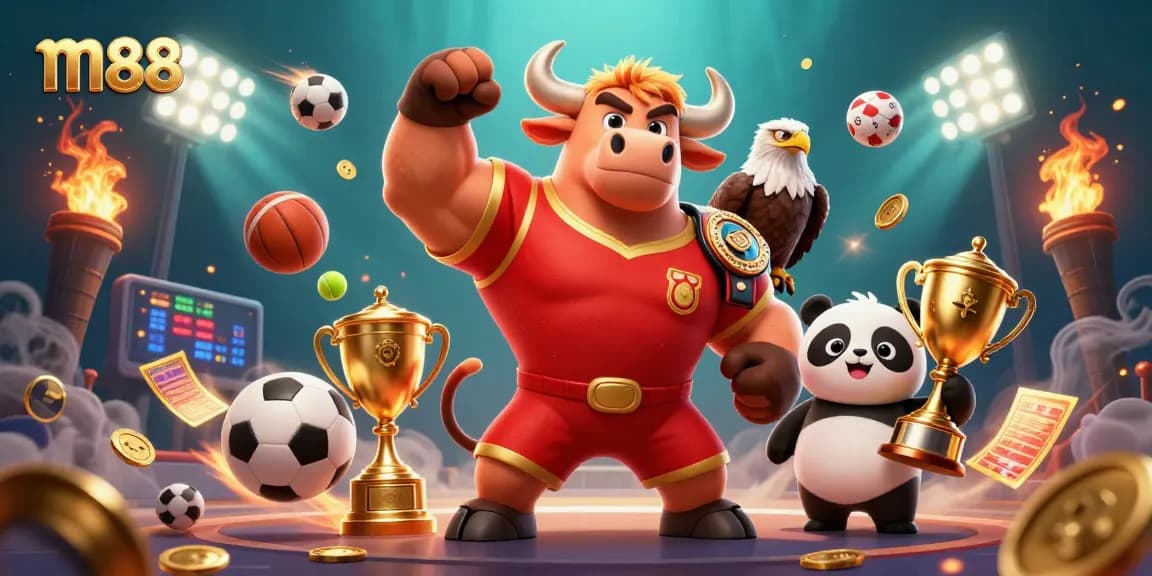Menang besar di m88 dengan adegan perayaan kasino 3D yang dinamis menampilkan trofi dan maskot.
