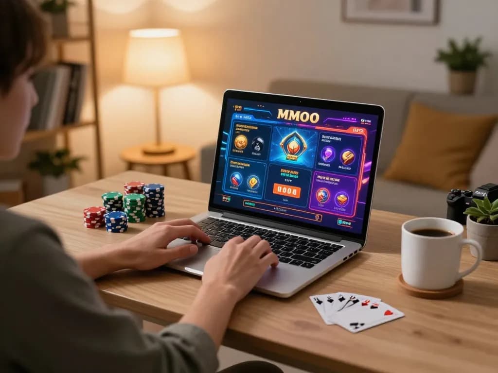 Engaged player enjoying MMOO online casino games on laptop at home, highlighting responsible gaming.