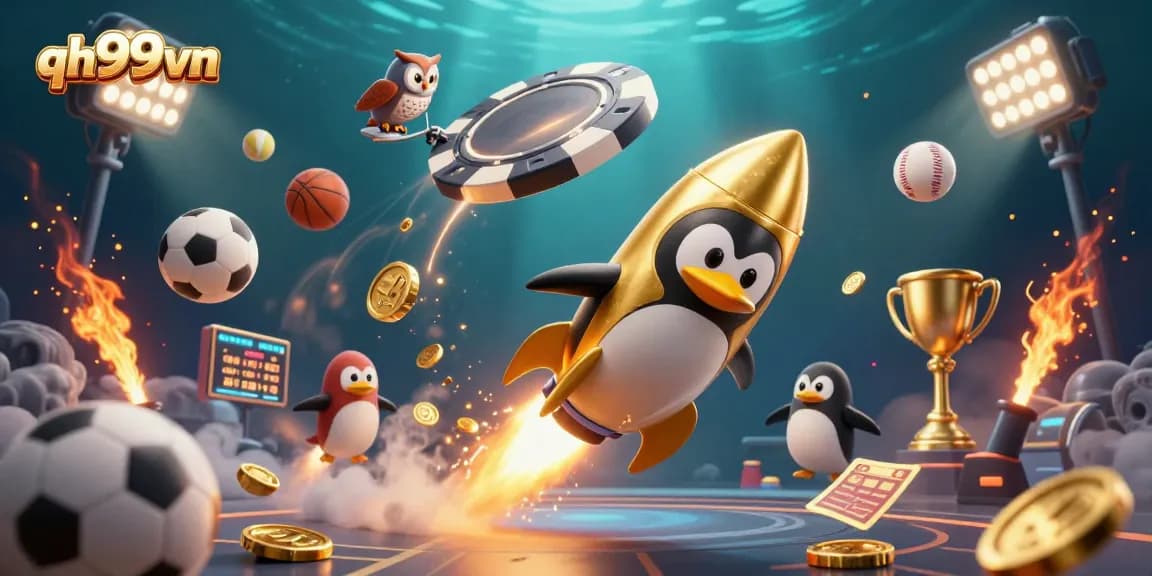 Experience thrilling gaming action with qh99vn's golden penguin and casino elements in a dynamic 3D illustration.