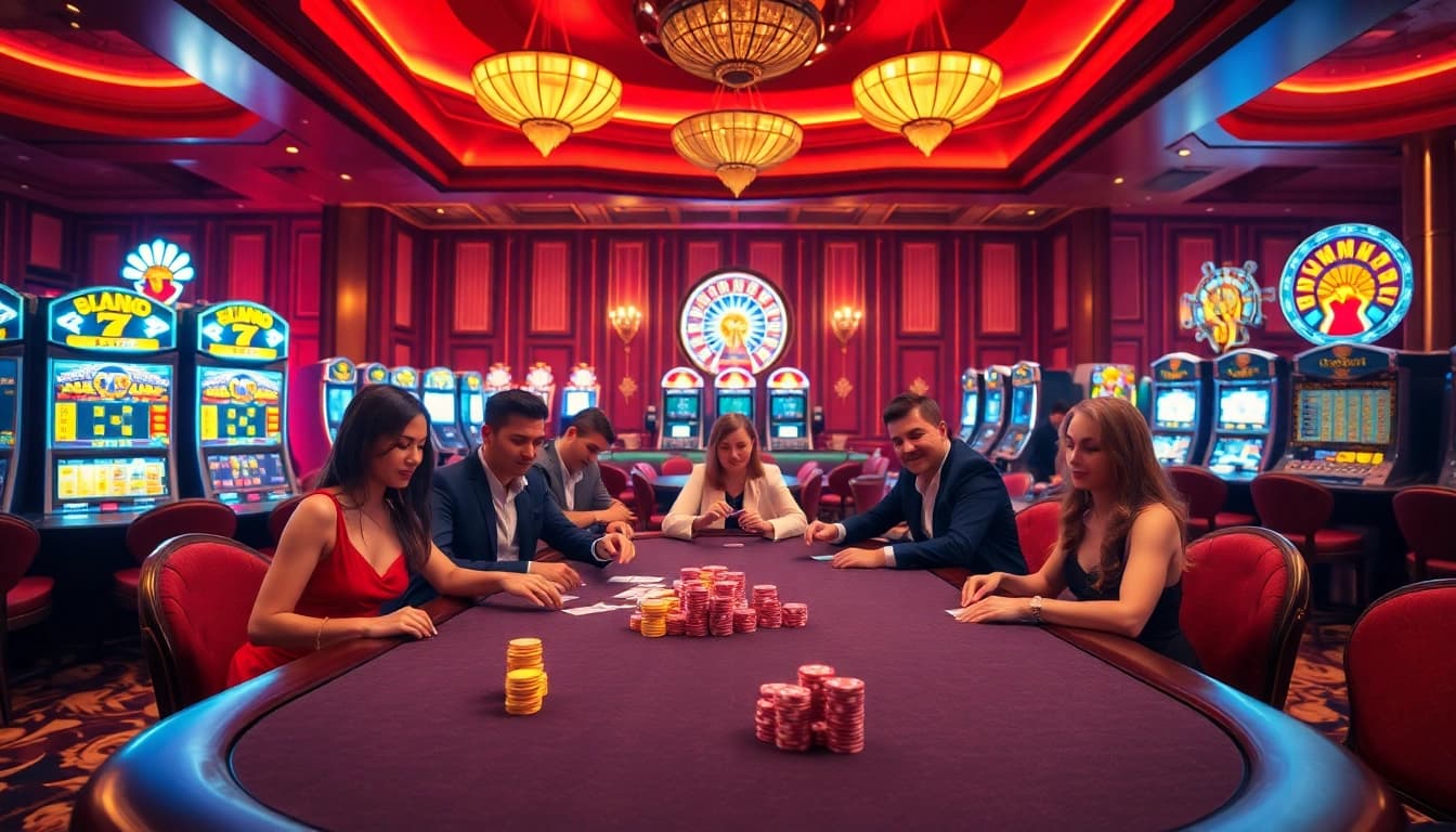Experience the excitement of MM OO by playing on a luxurious poker table in a vibrant casino environment.