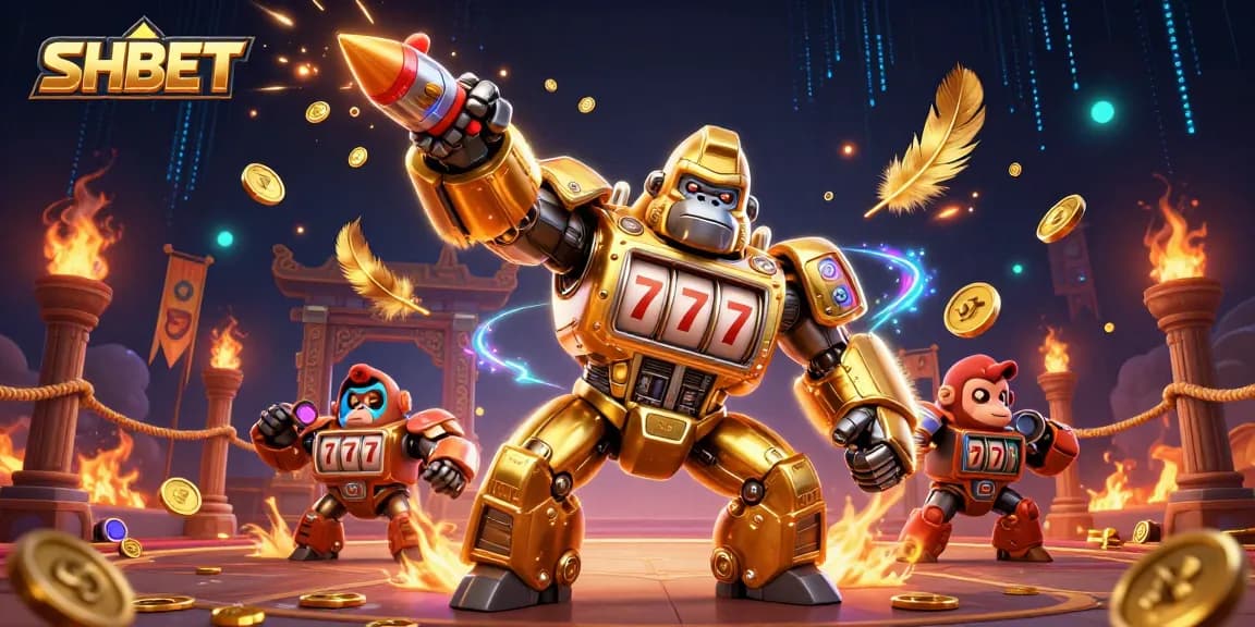 SHBET showcases thrilling gaming action with a golden gorilla mech in an exciting casino scene.