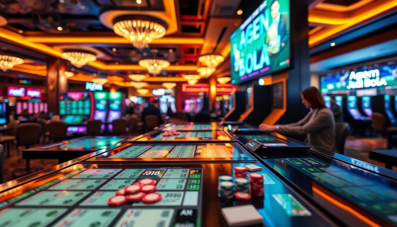 Players experience the thrill of Agen Judi Bola at a vibrant casino sports betting area.